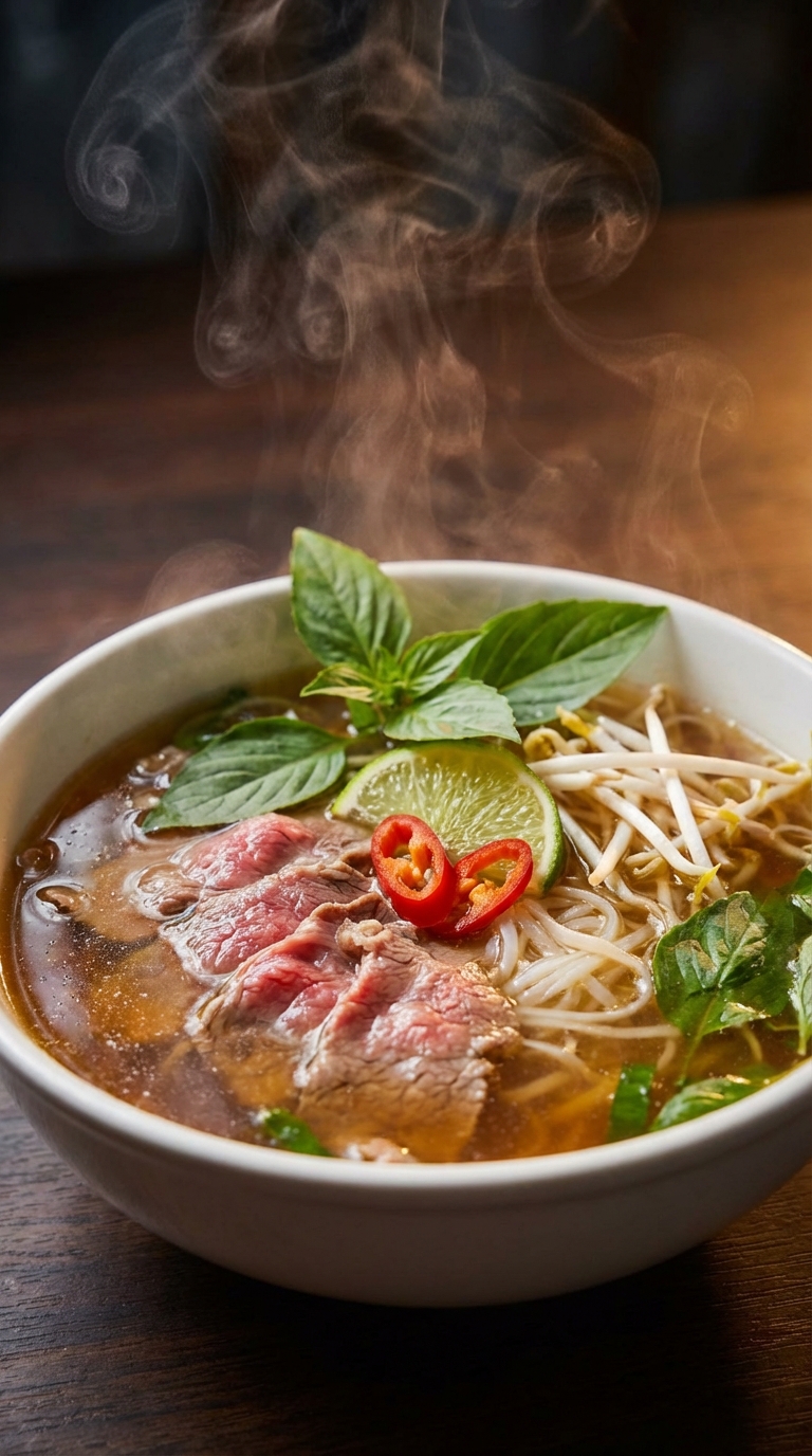 Tô phở bò Việt Nam truyền thống bốc khói